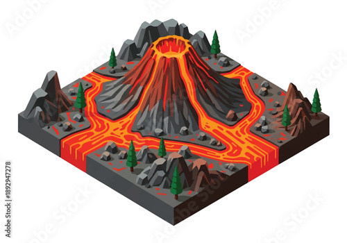Isometric 3D view illustration of a volcanic landscape with cone volcano, lava paths, and surrounding terrain, stylized vector scenery for geology concepts