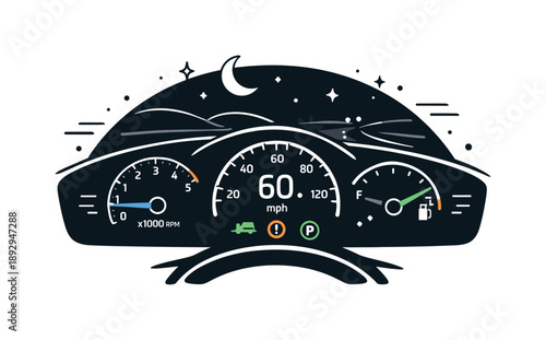 Night Drive Serenity. Car dashboard with indicators night mode. A calm night-driving scene where dashboard indicators glow softly against a dark interior,