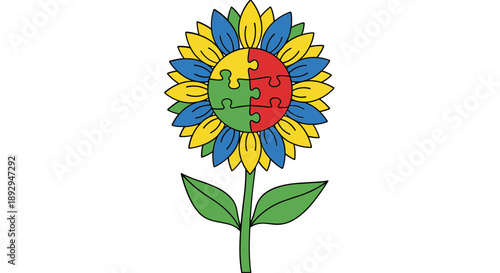 Colorful sunflower with autism awareness puzzle piece center illustration