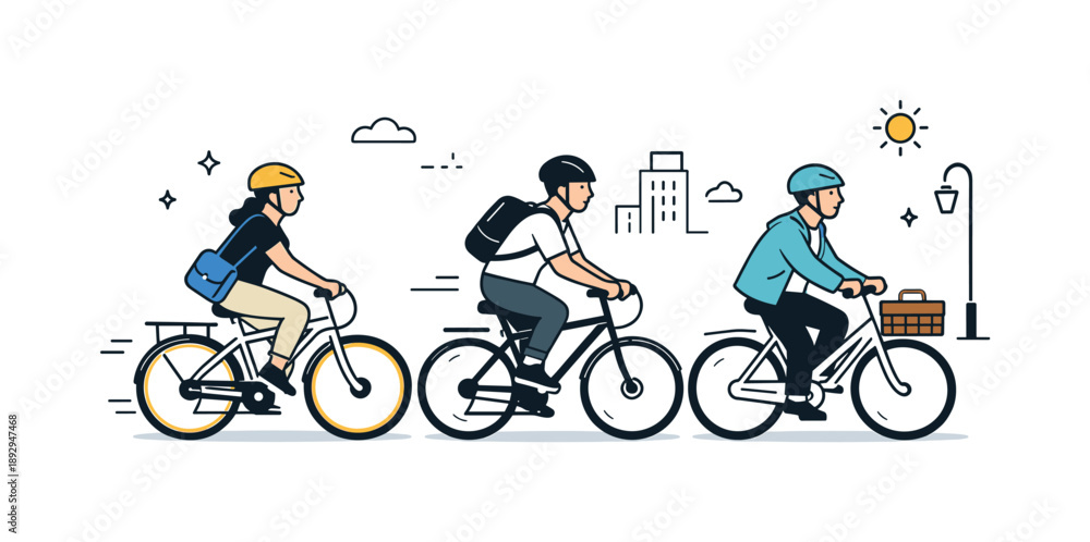 Fototapeta premium Urban Cycling Scene. City commuters cycling. Urban commuters riding bicycles with helmets and simple gear. Sustainable transport and relaxed city movement