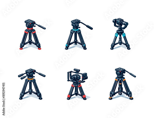 Video Tripod Icons. Video Tripod. Isometric flat vector icons set of Video Tripod: video tripod with fluid head, tripod with handle bar, stabilized video