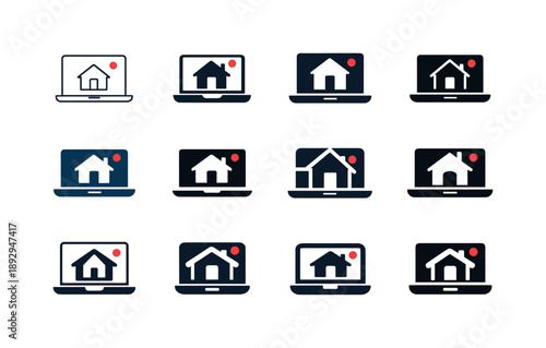 Vlog Recording Icons. Recording a vlog at home. Icon set. Set Logo of Recording a vlog at home: laptop with recording symbol. harmonious logo variations of the