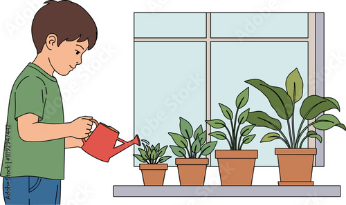 Young person watering potted plants on windowsill, indoor gardening activity, red watering can, green shirt, plant care concept, cartoon-style illustration