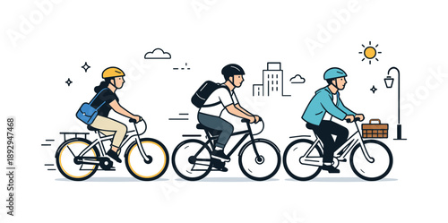 Urban Cycling Scene. City commuters cycling. Urban commuters riding bicycles with helmets and simple gear. Sustainable transport and relaxed city movement