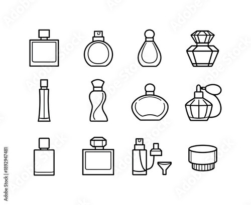 Perfume Bottle Icons. Perfume bottle designs. Line icon set of Perfume bottle designs: rectangular bottle, oval bottle, teardrop bottle, faceted gem bottle,
