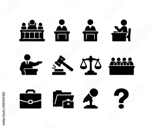 Courtroom Icon Set. Court Session. Solid icon set of Court Session: courtroom bench, defendant, plaintiff, witness testifying, lawyer arguments, judge gavel,