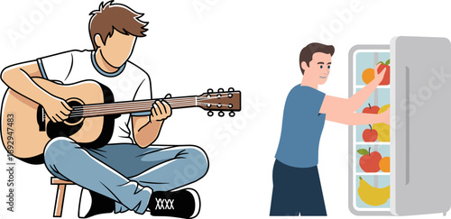 Person playing acoustic guitar, another reaching into refrigerator for fruit, cartoon-style daily life contrast, music and food activity illustration