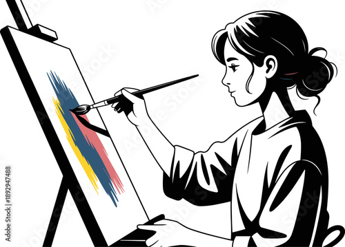 Person painting on canvas with brush, black and white illustration, colorful strokes, artistic creation moment, easel setup, cartoon-style art concept