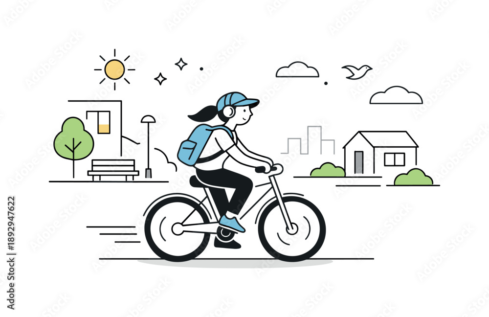 Fototapeta premium Peaceful Urban Commute. Daily commute moment. Person walking or biking through a quiet urban street, carrying a bag or wearing headphones. Peaceful transition