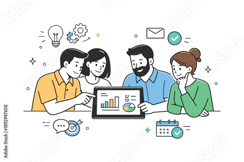 Collaborative Office Planning. Office teamwork planning. Colleagues gathered around a tablet with charts and simple icons. Organized workflow and shared