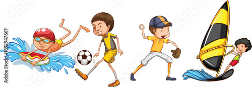 A cheerful group of diverse cartoon children enthusiastically participating in various summer sports activities including swimming soccer baseball and windsurfing