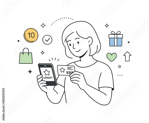 Loyalty Program Engagement. Reward program engagement. A customer scanning a loyalty card or app on a smartphone, subtle abstract icons for points and rewards