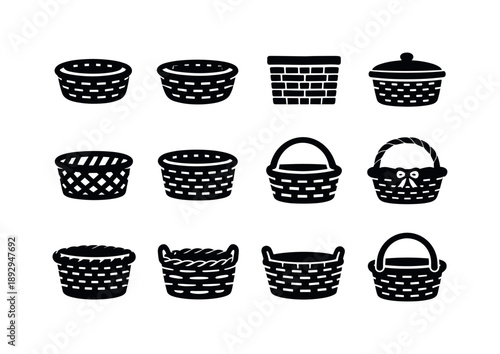 Wicker Basket Icons. Wicker baskets. Solid icon set of Wicker baskets: round wicker basket, oval basket, square basket, lidded basket, open weave basket, tight
