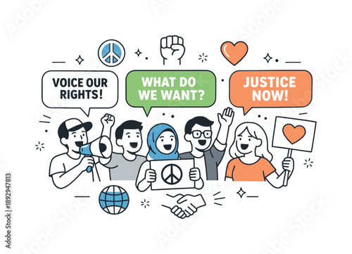 Peaceful Protest Art. Protest or rally voices. People chanting together with speech bubbles and symbolic icons, expression of opinions and calm solidarity.