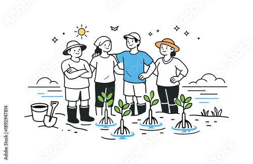 Mangrove Restoration Success. Mangrove restoration. Community members standing proudly beside newly planted mangroves, sharing a quiet moment of achievement.