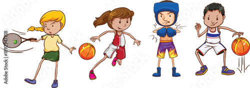 Diverse cartoon children playing various active sports like tennis basketball and boxing in a fun illustration