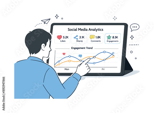 Social Media Insights. Social media analytics. Person reviewing an infographic on a laptop or tablet showing likes, shares, comments, and engagement trends.