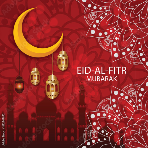 Festive Eid al-Fitr Greeting Card with Golden Moon and Lanterns