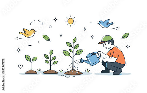 Nature's Gentle Care. Nature conservation scene. A character watering young trees with birds and leaves gently floating around. Growth, care, and long-term