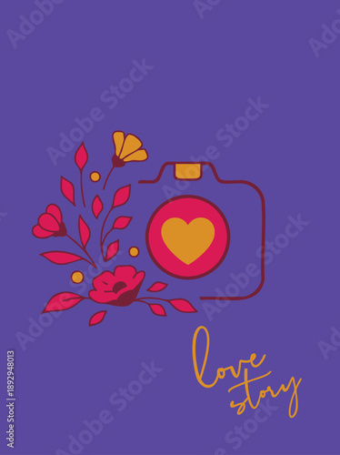 Romantic Camera with Floral Heart and Love Story Text
