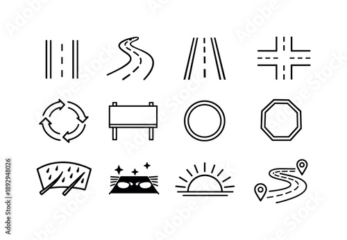 Minimalist Road Icon Set. On the road driving. Line icon set of On the road driving: vehicle lane lines, curved road, straight road, intersection, roundabout,