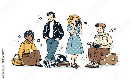 Retro Chic Vibes. Vintage clothing lifestyle. People wearing carefully chosen vintage outfits, relaxed poses and warm expressions, expressing individuality,