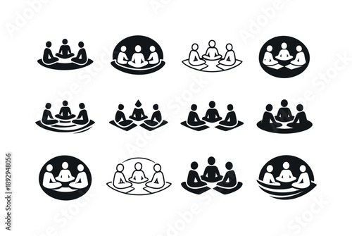 Group Fitness Icons. Group fitness. Icon set. Set Logo of group fitness: workout mat circle. harmonious logo variations: Flat solid, Iconic shape, Minimal