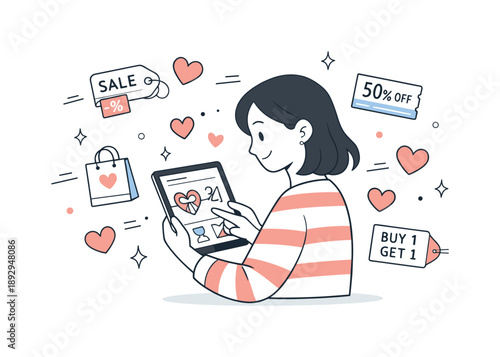 Valentine Shopping Vibes. Valentine Shopping Promotion. A character browsing products on a phone or tablet, heart icons and small sale cards gently floating
