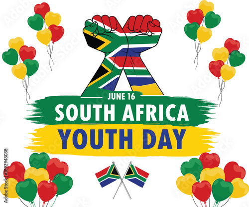 South Africa Youth Day June 16 celebration vector with clenched fists national flag balloons and patriotic symbols.