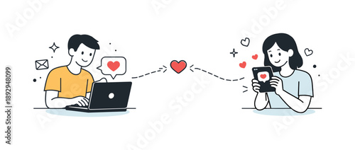 Digital Love Exchange. Sending love remotely. A person sending a heart message from a laptop while the other receives it on a phone. Gentle emotional exchange