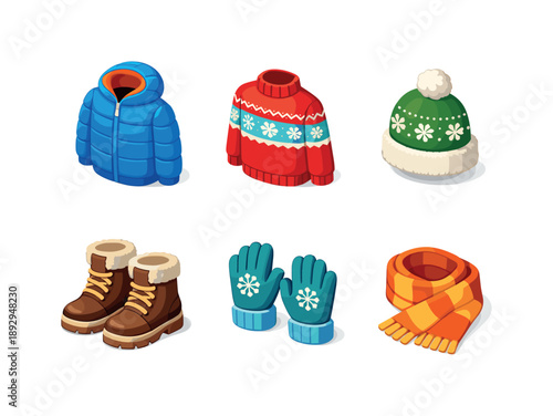 Winter Wear Icons. WinterWear. Isometric flat vector icons set of winter wear: padded jacket, wool sweater, knit hat, winter boots, warm gloves, thick scarf.