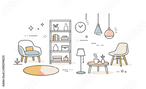 Modern Nordic Interior. Modern Nordic decor. Abstract layout of Scandinavian interior items like chairs, bookshelves, rugs, and pendant lights, showing clean