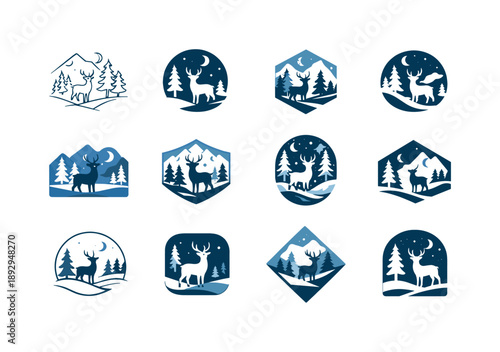 Winter Animal Icons. Snowy landscapes with animals in winter habitats. Icon set. Set Logo of snowy landscapes with animals in winter habitats: snowy forest
