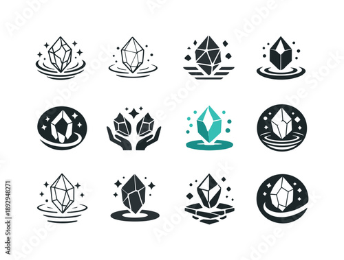 Weightless Crystal Logos. Weightlessness. Icon set. Set Logo of weightlessness: levitating crystal. harmonious logo variations of the same emblematic concept,