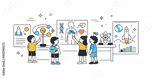 Children's Science Adventure. Science museum visit for children. Kids standing near educational panels and models, calm focus and joyful learning environment.