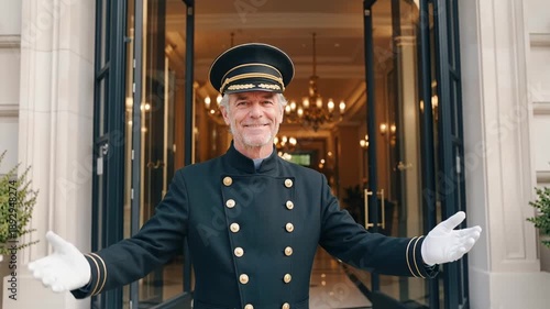 elegant hotel doorman welcoming guests at luxury entrance as camera moves forward into hotel interior, symbolizing hospitality, service, and premium travel experience