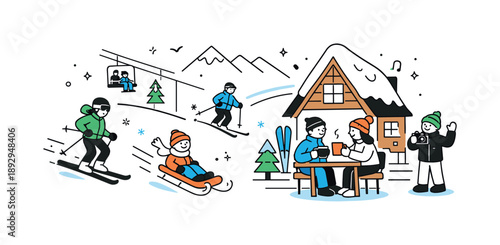 Winter Resort Fun. Ski resort illustration. A small group of people enjoying winter activities like skiing, sledding, and relaxing with hot drinks at a