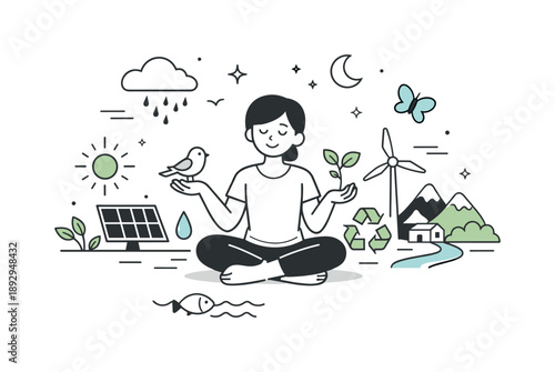 Mindful Coexistence. Human and nature balance. A character interacting calmly with environmental symbols, showing mindful coexistence and sustainable behavior.