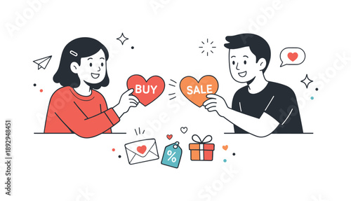Valentine's Branding Exchange. Valentine?s Marketing Concept. A friendly editorial scene with simple characters exchanging promotional cards shaped like