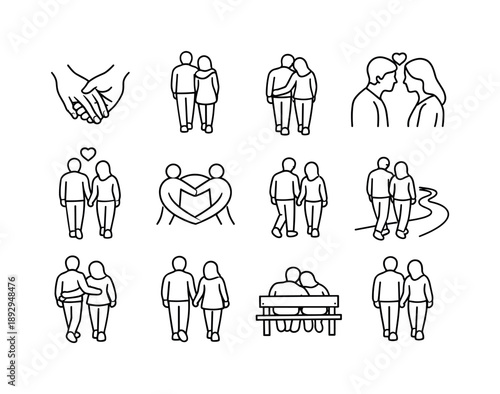 Togetherness Icon Set. Togetherness Walk. Line icon set of Togetherness Walk: fingers intertwined, couple from behind, slow walking pose, intimacy icon, walk