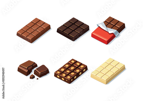 Chocolate Bars Grid. Chocolate bar. Isometric flat vector icons set of Chocolate bar: classic milk chocolate bar, dark chocolate square, chocolate bar with