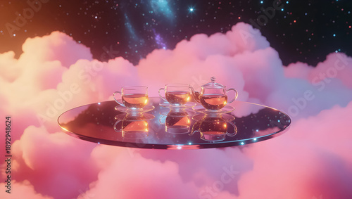 Surreal Digital Art of a Glass Tea Set on a Floating Mirror Over Pink Clouds, Ethereal Dreamlike Landscape at Night with Starry Galaxy Sky and Magical Tea Party Concept, Whimsical Fantasy Scene