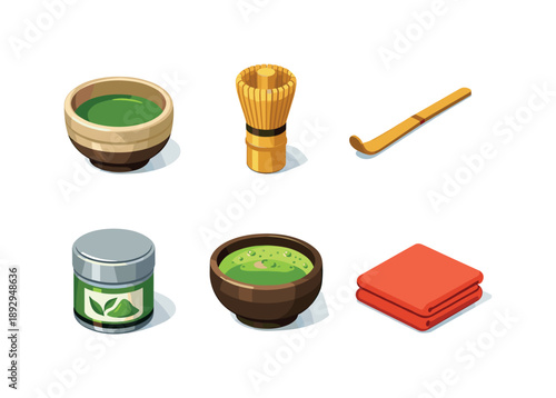 Isometric Matcha Set. Matcha Set. Isometric flat vector icons set of Matcha Set: matcha tea bowl chawan, bamboo whisk chasen, bamboo scoop chashaku, matcha