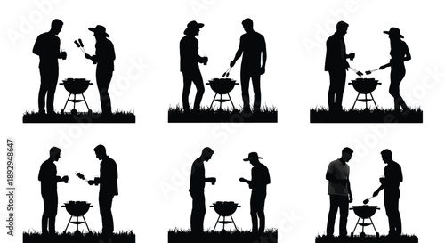Silhouettes of People Barbecuing Outdoors barbecue