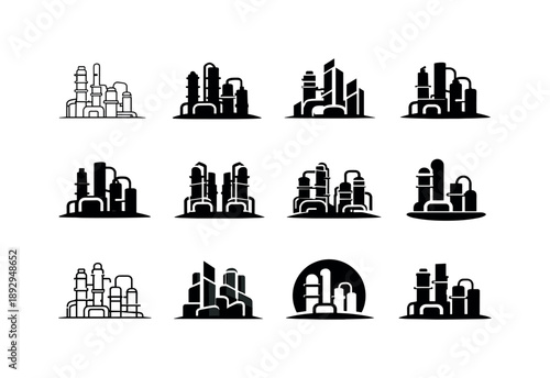 Oil Refinery Icons. Oil refinery. Icon set. Set Logo of Oil refinery: industrial refinery towers and pipelines. harmonious logo variations of the