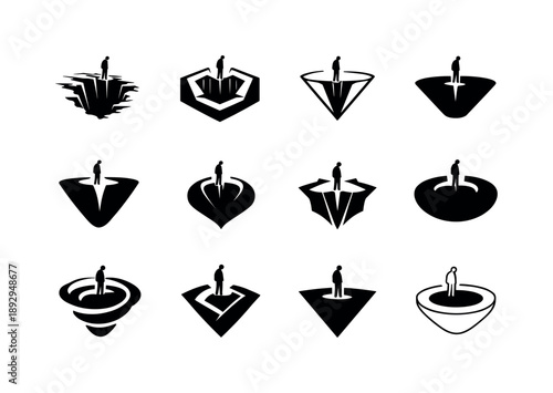 Chasm Logo Collection. looking into a deep chasm. Icon set. Set Logo of looking into a deep chasm: inner void. harmonious logo variations of the same