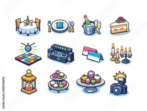 Reception Icon Set. Reception. Colorful isometric vector icons set of reception: dining table, plates and cutlery, champagne bucket, wedding cake slice, dance