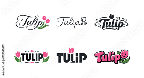 Tulip Lettering Variations. Tulip flower themed lettering. Set lettering. harmonious lettering variations of the same emblematic concept, each with different