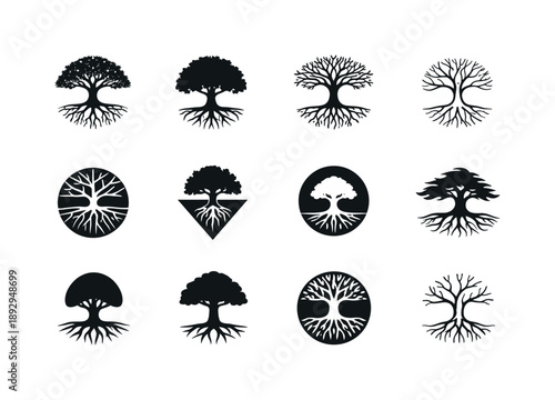 Deep Rooted Tree Logos. tree with deep roots. Icon set. Set Logo of tree with deep roots: life connection. harmonious logo variations of the same emblematic