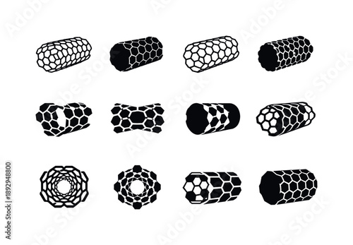 Carbon Logo Variations. Carbon. Icon set. Set Logo of carbon: nanotube structure. harmonious logo variations of the same emblematic concept, each